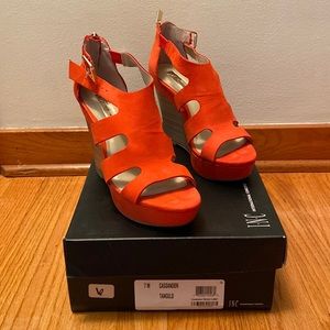 INC Cassandor Tangelo Orange Suede Wedge Sandal 7M